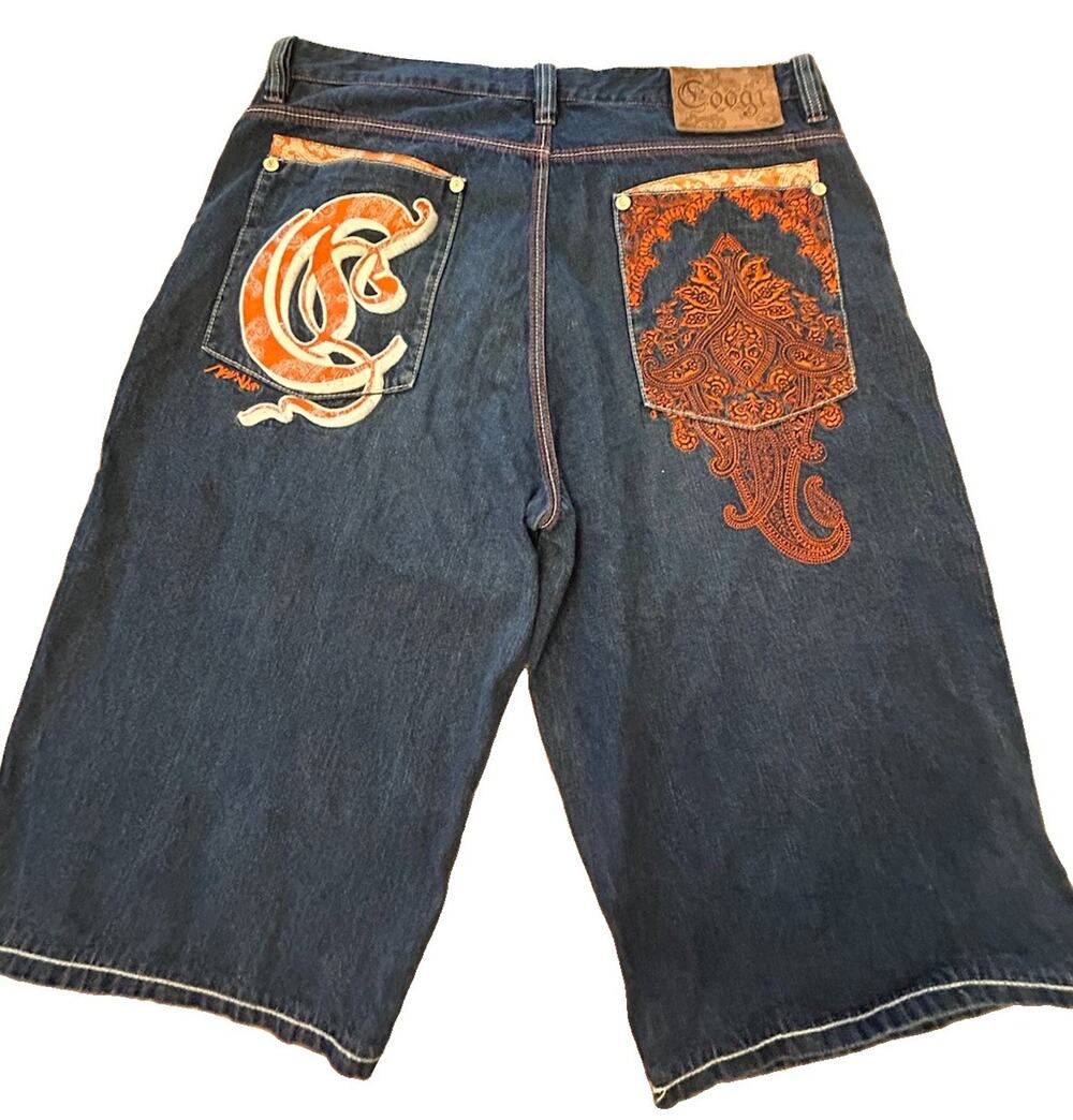 COOGI Mens 44 Baggy Denim Shorts Embroidered Studded Vintage Y2K Streetwear